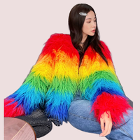 Haute qualité laine de mouton vêtements agneau mongolie fourrure veste moelleux fourrure arc-en-ciel couleur fausse fourrure manteau personnalisé