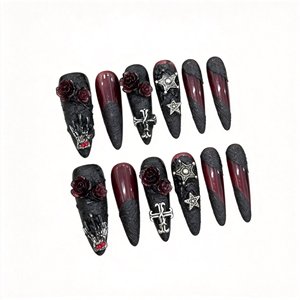 <span class=keywords><strong>Ongles</strong></span> gothiques <span class=keywords><strong>noirs</strong></span> à motif rose, crâne argenté, art rouge sang, style punk branché pour elle, <span class=keywords><strong>ongles</strong></span> réutilisables de luxe pour elle, vente en gros - Product Image 3