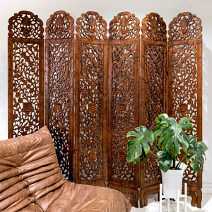 Handcrafted Wooden Folding Room Divider 6 Panels Traditional Carved Screen with Plant Motif Design for Living Space Partition - Product Image 1