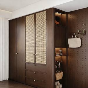 Modern Hotel <b>Bedroom</b> Wardrobe Dark Wood Design With Rattan Panels & Modular Perforated Side <b>Storage</b> for Guest Rooms - Product Image 3