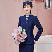 Ensemble de veste, chemise et jupe sur mesure de couleur bleu, rouge et noir classiques pour l'équipage de cabine de compagnie aérienne, hôtesse de l'air, uniforme de stewardess