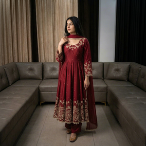 Ensemble Anarkali brodé bordeaux pour femme, Salwar Kameez avec Dupatta, idéal pour les mariages et les festivals - Product Image 1