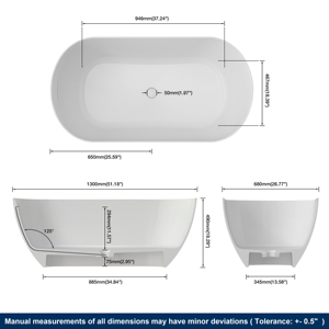Baignoire en résine de 1300 mm avec surface solide, autoportante, pour la vente en gros OEM/ODM, baignoire de trempage blanche mate pour salle de bain - Product Image 6