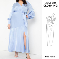 Robe longue en satin bleu clair pour femmes grandes tailles, élégante, col en V, manches longues, effet soie, robe de soirée avec fente haute