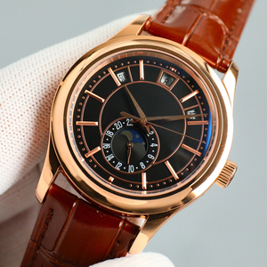 Montre-bracelet mécanique élégante en or rose avec affichage du calendrier annuel et des phases lunaires, cadran noir, montre de luxe pour homme, style business décontracté - Product Image 2