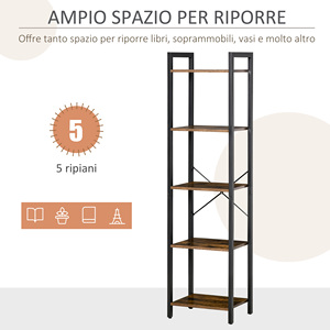HOMCOM <b>Industrial</b> Style 5-Tier <b>Bookcase</b> in Wood and Steel, 40x30x154cm, Rustic Brown - Product Image 4
