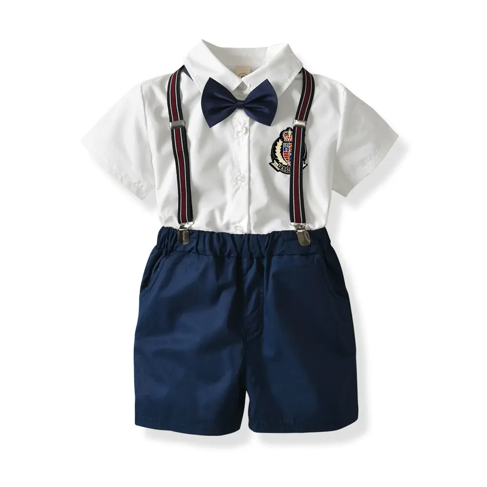 Costume à manches courtes pour enfants, vêtements nouvelle collection, vente en gros, chemise et salopette courte avec cravate, pour garçons, 2020
