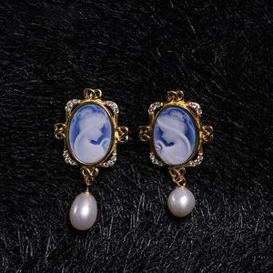 Non ternir bijoux 18k plaqué or hypoallergénique S925 argent dame Portrait <span class=keywords><strong>Agate</strong></span> <span class=keywords><strong>camée</strong></span> Baroque perle boucles d'oreilles pour les femmes - Product Image 5