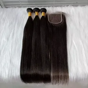 Grosir rambut lurus kutikula mentah 100% ekstensi rambut manusia Virgin Mink rambut Brasil Lurus 3 bundel dengan renda Frontal Cl