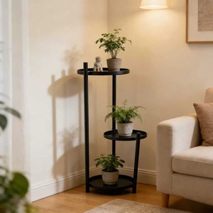 Support à plantes moderne minimaliste en fer forgé à trois niveaux, noir, sur pied, pour salon, balcon - Product Image 2