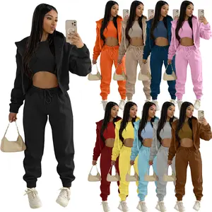 High quality 2022 Fall Thick Fleece 3pcs Women Sweatsuit Set Tracksuit Casual Joggers Suits Set Sweatpants And Hoodie Set