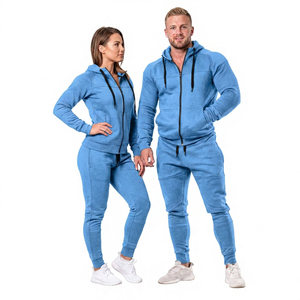 Ensemble de survêtement unisexe en polaire rouge à capuche, manches longues, fermeture éclair, couleur unie, coupe ajustée, respirant, 100 % coton - Product Image 2