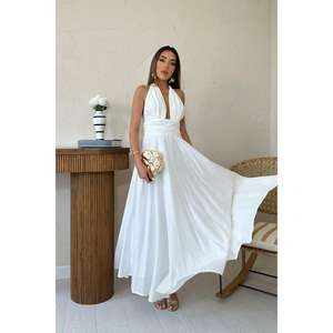 Robe de cocktail blanche en crêpe, dos nu, style licou, taille naturelle, respirante - Product Image 5