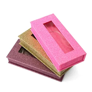 Private label custom empty hair or lash box in pink color clear window style cardboard glitter packaging box