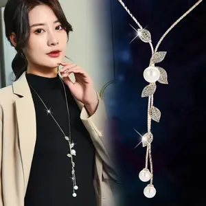 Collar de perlas de hoja con borla larga versátil, moda japonesa y coreana, 00090-17