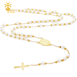Collar de Rosario DE LA Virgen María de acero inoxidable chapado en oro con cuentas de perlas de imitación sin deslustre Lady De Guadalupe Christ Gold Trendy - Product Image 1