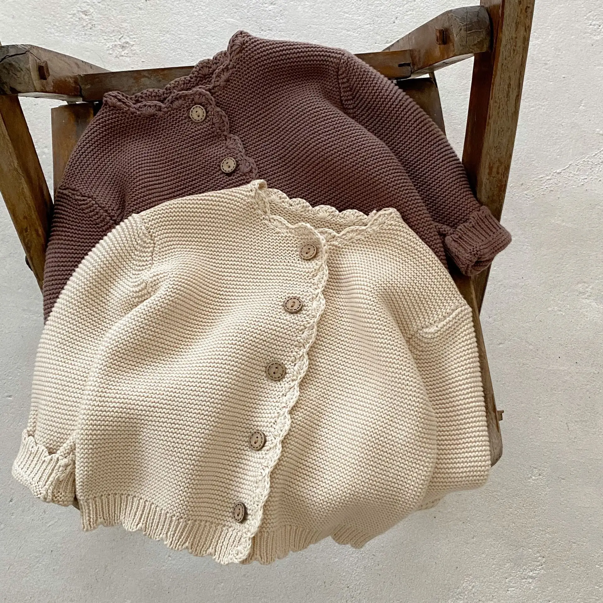 Bé Vòng cổ handmade Crochet rắn màu dệt kim tinh khiết cotton dài tay áo cardigan Áo khoác bé gái quần áo 0-3 tháng
