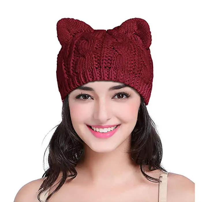 Kadın Erkek Kız Erkek Gençler Sevimli Kedi Kulak Örgü Kablo Kaburga Şapka Cap Beanie Bordo Kış Şapka