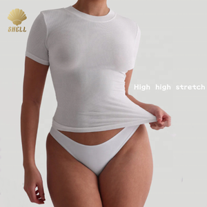 Luluxiyaya <span class=keywords><strong>Basic</strong></span> Micro a costine Color Color collo largo 3cm manica corta in maglia larga misura lunghezza normale nuova t-shirt bianca - Product Image 3