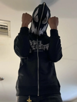 Sweat à capuche personnalisé en coton éponge français à fermeture éclair complète 100% Fabricant vérifié Street Wear Démon Visage Imprimé Strass Détail