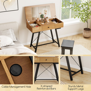 Table de maquillage moderne en bois avec miroir relevable, prise électrique intégrée, gestion des câbles, trous de rangement, bureau compact avec tiroirs - Product Image 3
