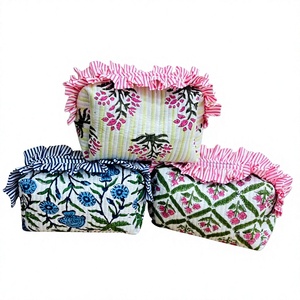 Soft cotton cosmetic organizer with decorative frill zipper <b>makeup</b> case travel quilted pouch beauty essentials <b>holder</b> For Gifts - Product Image 1