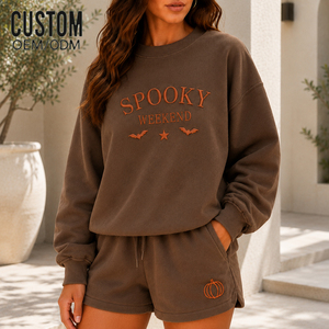Set da Donna con <span class=keywords><strong>Felpa</strong></span> Ricamata e Pantaloncini, <span class=keywords><strong>Oversize</strong></span> con Stampa, Collo Alto, Casual, Due Pezzi, Abbigliamento Loungewear, Produzione Diretta - Product Image 2