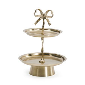 Classic Design Two-Tier Metal <b>Cake</b> Stand with <b>Gold</b> Finish and Bow <b>Top</b> Design - Product Image 1