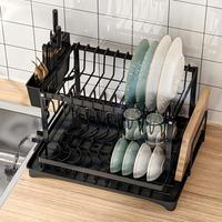 Égouttoir à vaisselle en métal à 2 niveaux pour cuisine, avec support pour couteaux et planches à découper, panier à couverts