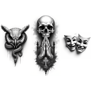Tatuajes Temporales Realistas <span class=keywords><strong>de</strong></span> Calaveras, Manos en Oración, Lobo, Búho, Grim Reaper, Escorpión y Rosa en Negro y Gris para Adultos - Product Image 5