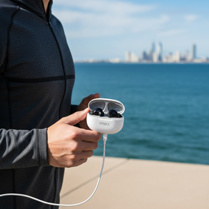 Auricolari wireless Vmex con ricarica di tipo C e microfono con controllo touch, bianco e nero - Product Image 3