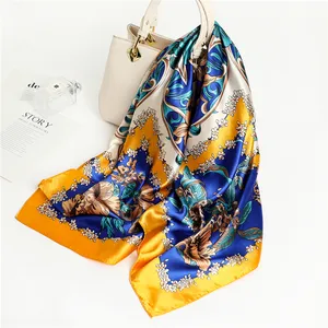 90*90 Satin Silk Scarf With Amazing Beautiful Color Flower Four Leaf Clover Printed Shawl for Female Lady Low MOQ Custom Brand