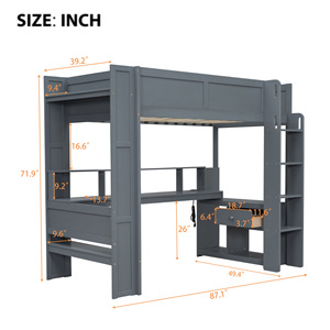 Loft Bed With Desk Combination Grey <b>Solid</b> <b>Wood</b> Frame Storage <b>Bookcase</b> Staircase Storage For Bedroom Kids And Adults - Product Image 4