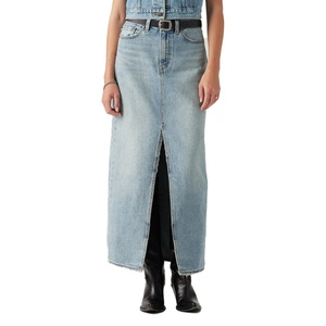 Jupe longue en jean personnalisée à fente avant, taille haute, en coton de haute qualité, bleu délavé, style vintage, pour femme - Product Image 3
