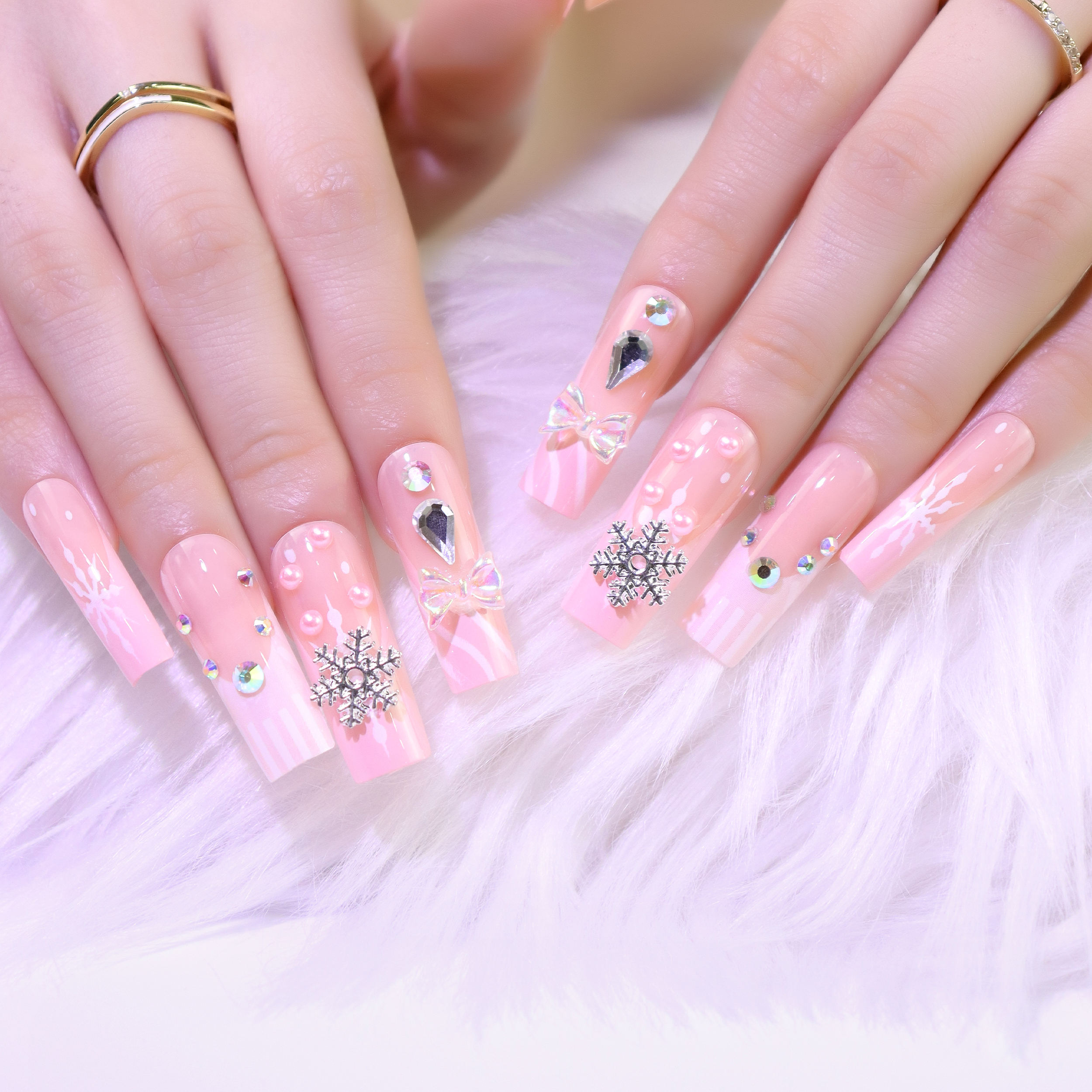 AIERFEI Wholesale High Quality Pink French Long Square Press on Nails Luxury Rhinestones False Nails Flower Artificial Nails