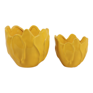 Vasi in ceramica a forma di fiore, design tulipano giallo, decorativi per interni ed esterni, set di due. - Product Image 1