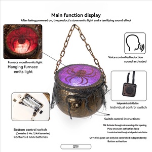 Pot à bonbons lumineux en forme de <span class=keywords><strong>chaudron</strong></span> <span class=keywords><strong>magique</strong></span>, décoratif pour cour, avec toile d'araignée colorée et activation sonore, idéal pour Halloween - Product Image 6