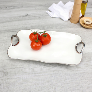 White Irregular <b>Ceramic</b> Serving <b>Plate</b> With Metal Handles Minimalist Design Solid Color Dishwasher Safe for Party Use - Product Image 1