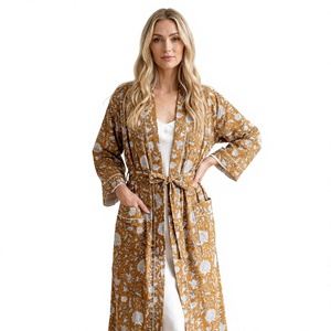 Kimono Largo de Algodón Orgánico Indio con Estampado Floral para Mujer, Talla Única, Ropa de Dormir con Mangas Largas, Regalo Perfecto para Verano y Otoño - Product Image 1