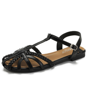 Elegant Black Ankle Strap <b>Flat</b> <b>Sandals</b> Open Toe Summer Women Shoes Breathable Textile Upper Rubber Outsole Buckle Closure - Product Image 4