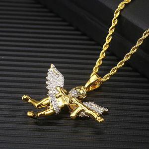 Hip Hop <b>Rapper</b> Punk Jewelry Vengeance Angel With Gun Diamond Gold Charm Pendant <b>Chain</b> Necklaces for Men - Product Image 1