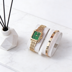 LP35 Accessoires de mode et bijoux, Ensemble de 2 montres à quartz pour femme, <span class=keywords><strong>montre</strong></span>-<span class=keywords><strong>bracelet</strong></span> carrée dorée en métal économique avec <span class=keywords><strong>bracelet</strong></span> en diamant - Product Image 6