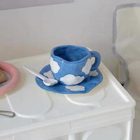 Tasse à café en céramique avec poignée, motif ciel bleu nuages blancs, style danois, avec soucoupe et cuillère, motif floral, pour la rentrée scolaire, écologique
