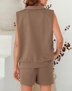 Conjunto de 2 Piezas para Mujer, Informal, de Verano, Sudadera y Pantalones Cortos, Holgado, de Poliéster, sin Mangas, con Bolsillos, Color Liso, Ecológico - Product Image 6