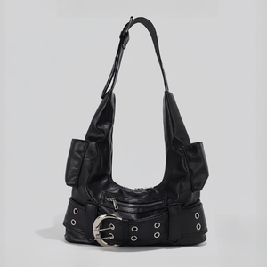 Bolsos de mano para mujer de piel de grano superior, negros, redondos, con tachuelas, estilo vintage. - Product Image 1