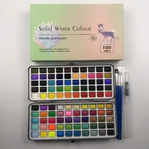 100 Kleuren Effen Massive Pigment Aquarel Verf Set Custom Logo Met Kwast Metallic/Parel Kleuren Aquarel Verf