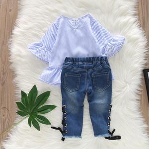 Stock Summer Girl 2pcs Clothes Outfits Baby's Stripe Icing Ruffled Shirts Jacket Hollow <b>Jeans</b> Fall Clothes for Girls Dress - Product Image 5