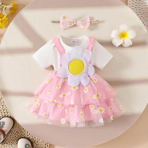 Set di Abbigliamento Estivo 2025 per Bambine: Top a Maniche Corte Tinta Unita, Gonna in Rete Stampata con Cintura e Fascia per Capelli, 3 Pezzi - Product Image 2