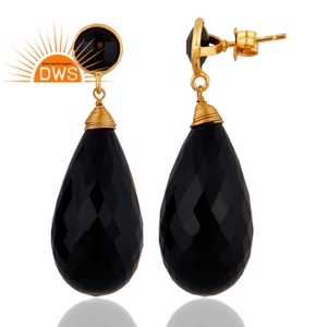 Briolette Cut <b>Black</b> Onyx Gemstone <b>Earrings</b> Indian 18k <b>Gold</b> Plated 925 Silver Dangle <b>Earrings</b> Manufacturer Suppliers - Product Image 2