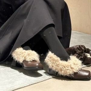 New Arrival Cowhide Loafers, Women Genuine Leather Square Toe <b>Block</b> Heel Fur Lined Warm Casual Shoes - Product Image 2